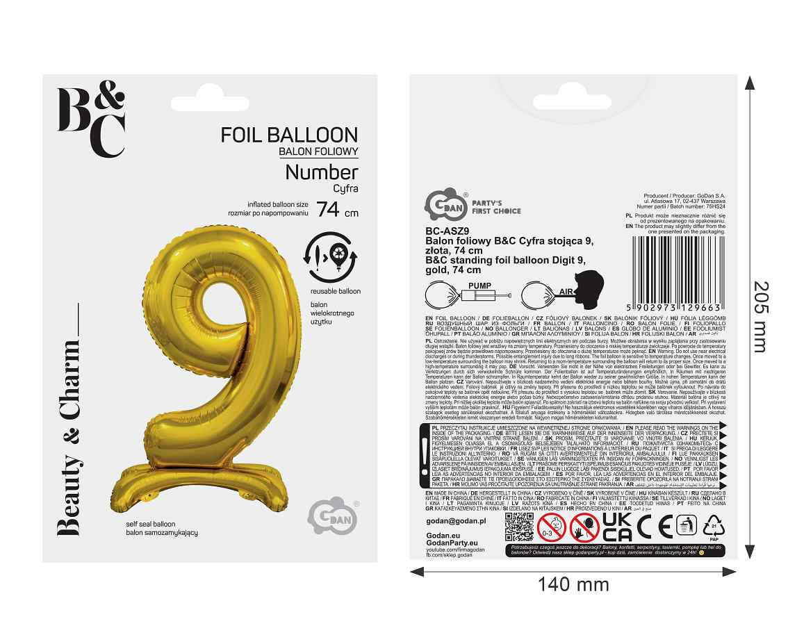 B&C standing foil balloon Digit 9, gold, 74 cm